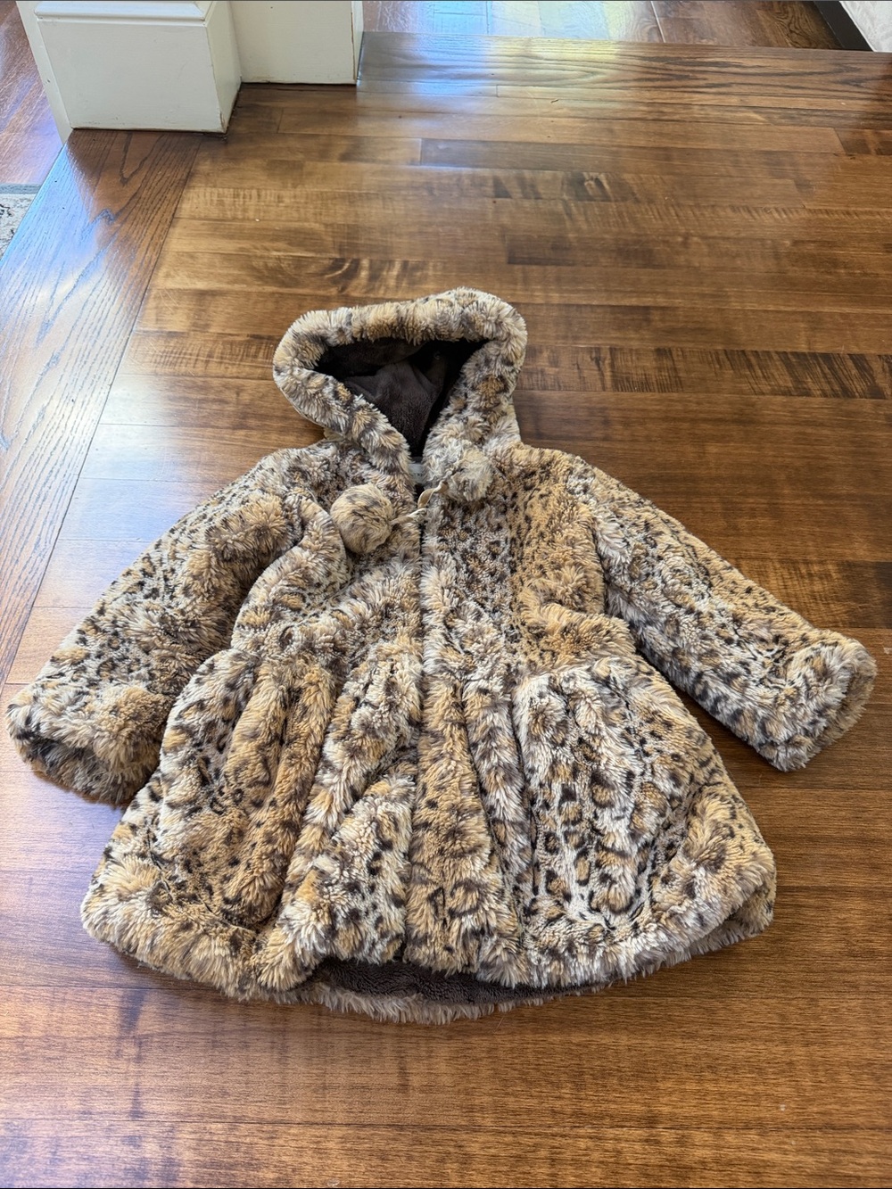 Girls' Hooded Faux Fur Pea Coat in Leopard Print Brown